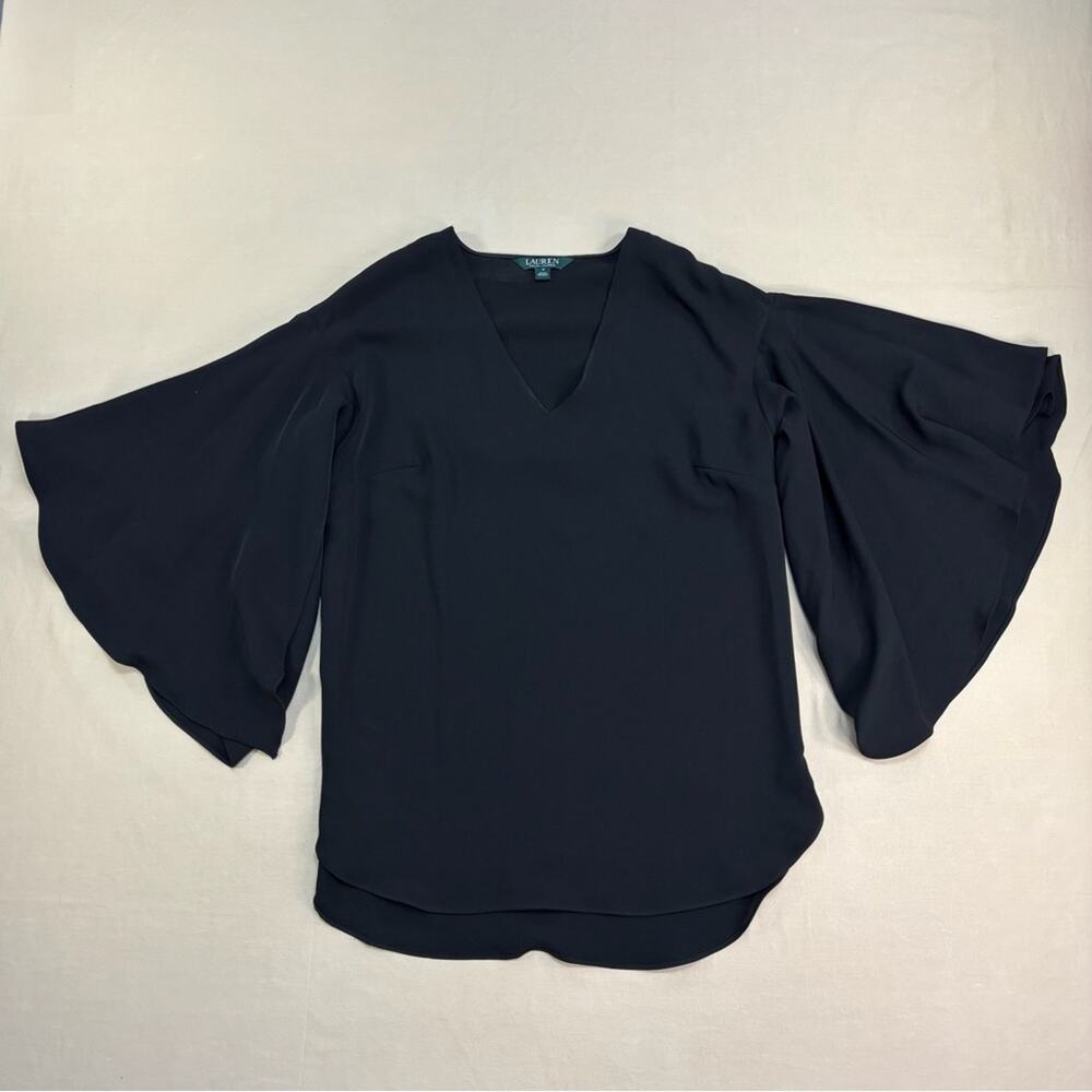 Lauren Ralph Lauren Women’s Black Flowy Sleeve V Neck Blouse Size Medium